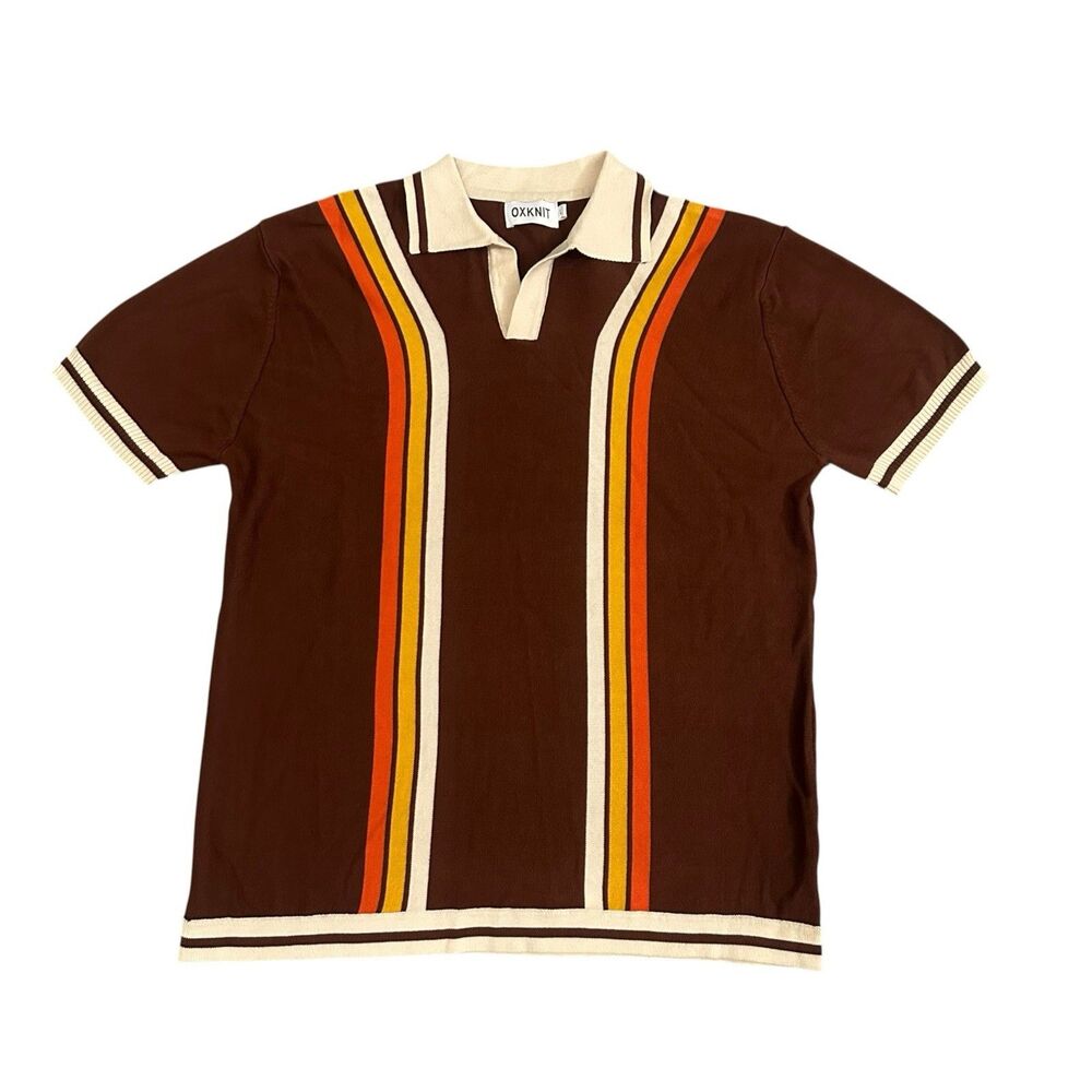 OXKNIT 70s Retro Knit Polo Shirt Mens Brown Sunset Stripe Bowling V-Neck Men’s L